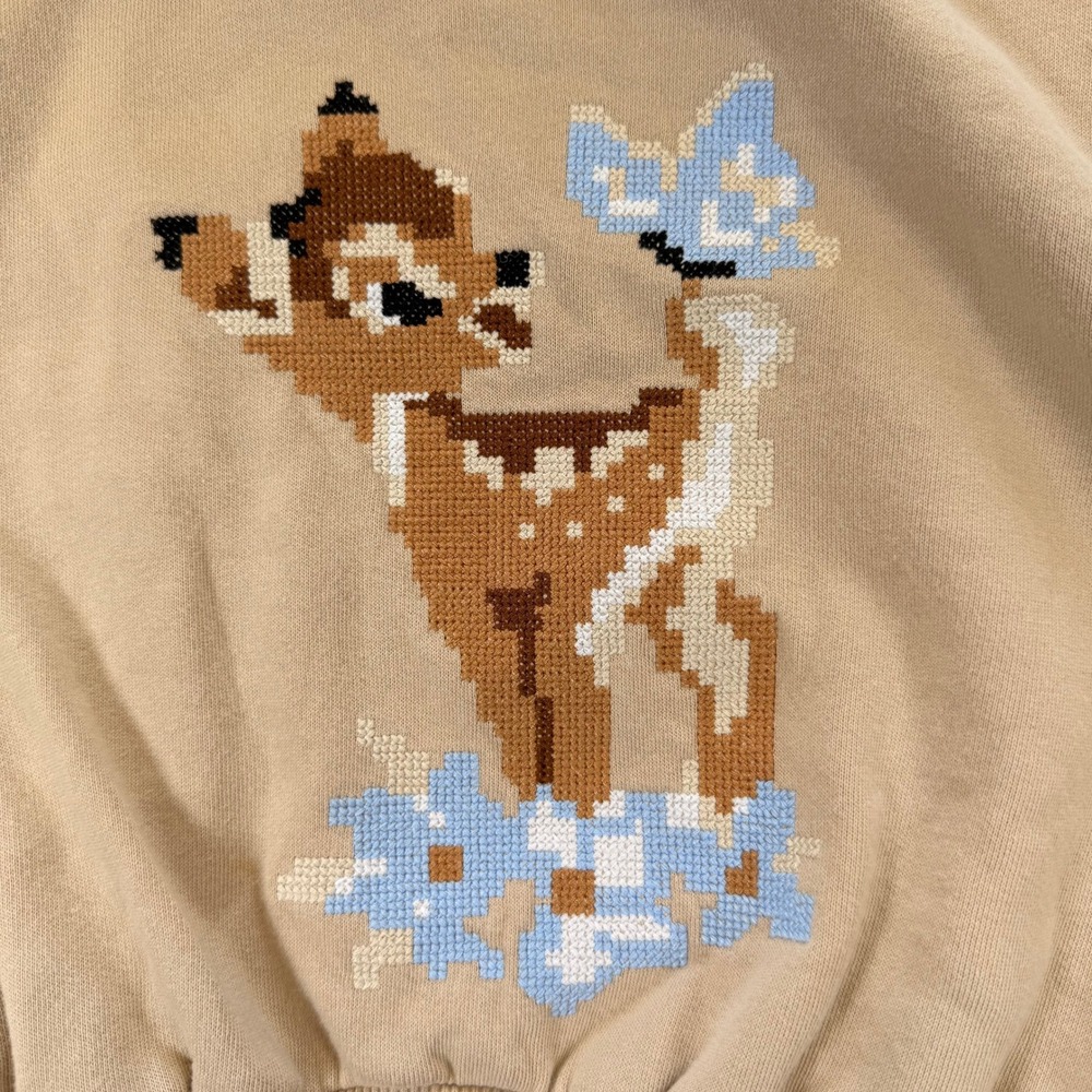 Zara Disney Classics Bambi Sweatshirt Tan Cropped Ribbed Waistband‎ Women Small - Picture 3 of 8